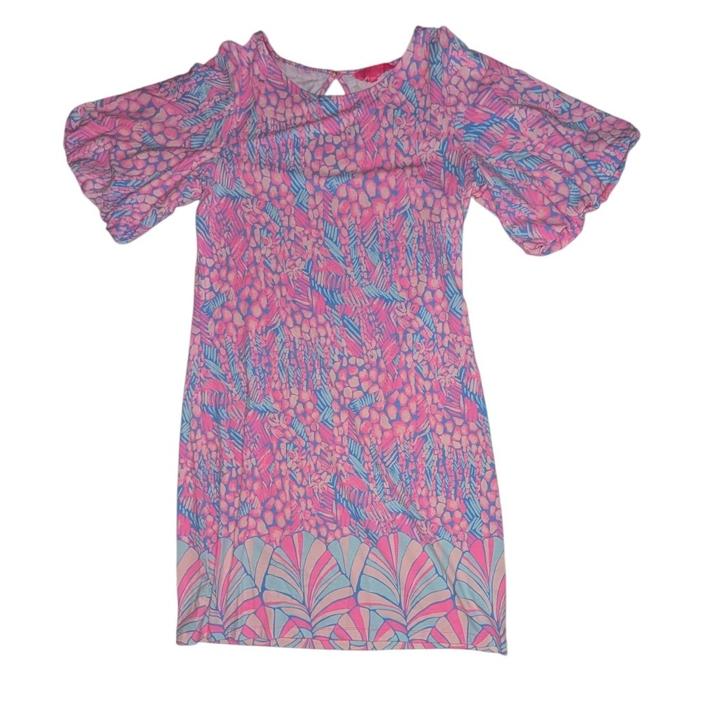 Lilly Pulitzer Dress Womens M Pink Blue Floral Flutter Sleeve Mini Stretch